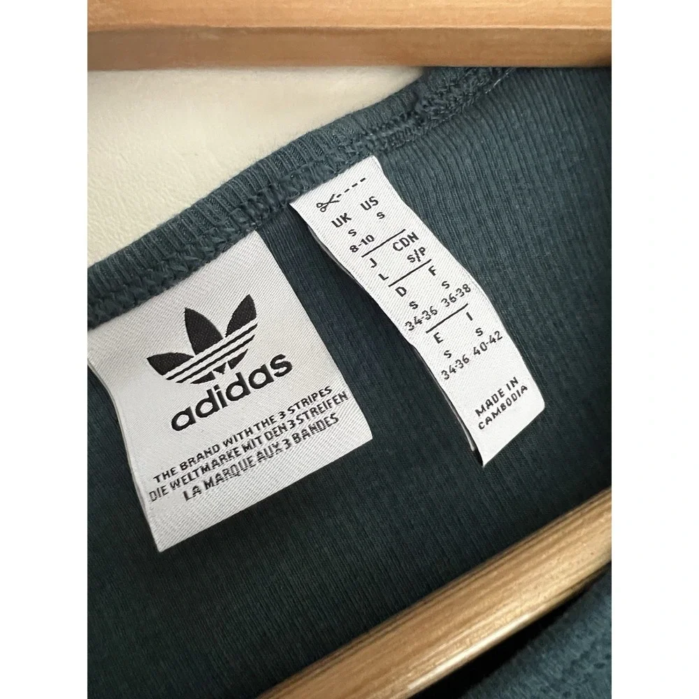 Adidas Ribbed Long Sleeve T-Shirt Teal Green Cropped Athleisure Sporty Casual - Picture 5 of 11
